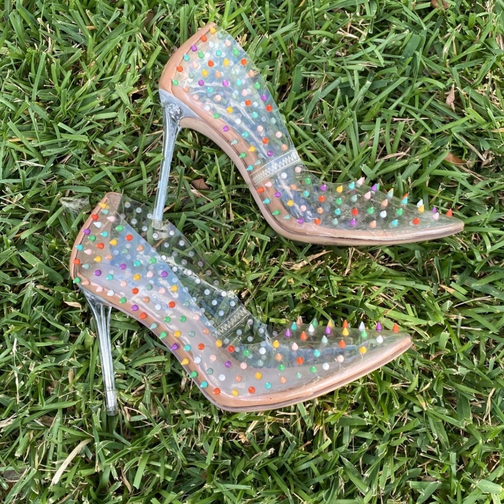 Steve Madden Vala-S Rainbow Spiked Clear PVC Pointed Toe Pumps Nude 8M
